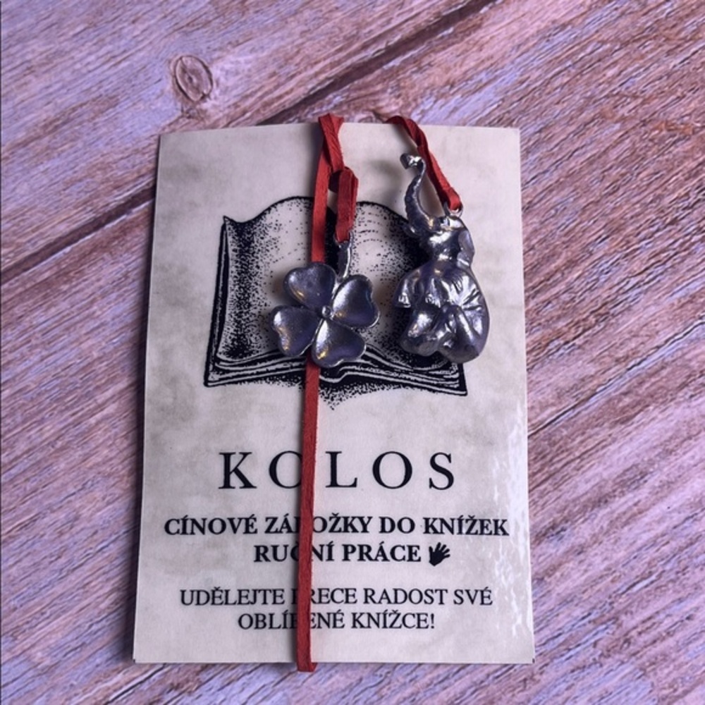 KOLOS Bookmark Czech Red Leather Cord Pewter Elephant & Flower Bookmark Set